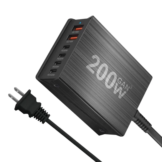 200W GaN Charger: 2USB Type-C Desktop Fast Charging Station for Laptops and iPhones