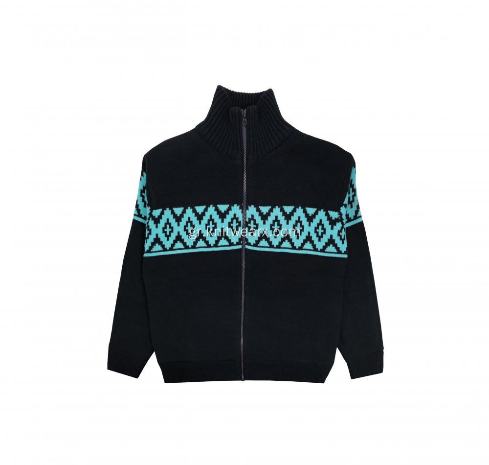 Ανδρική Πλεκτή Fleece Fined Zip Up Jacquard Cardigan