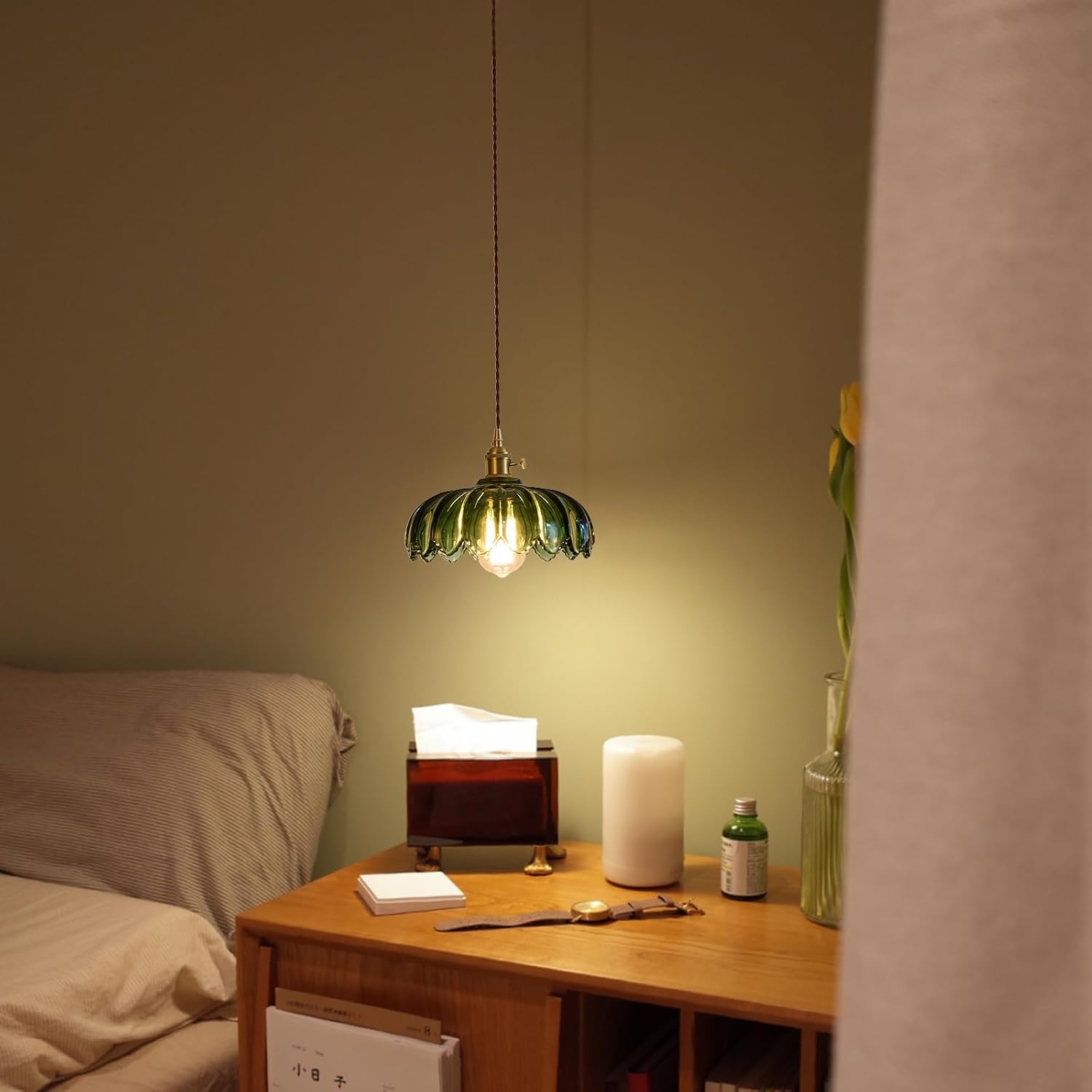 P250903 Vintage Green Glass Pendant Light Fixture (2)