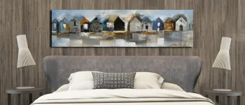Houses Wall Art Riverside Water Village Oil Painting