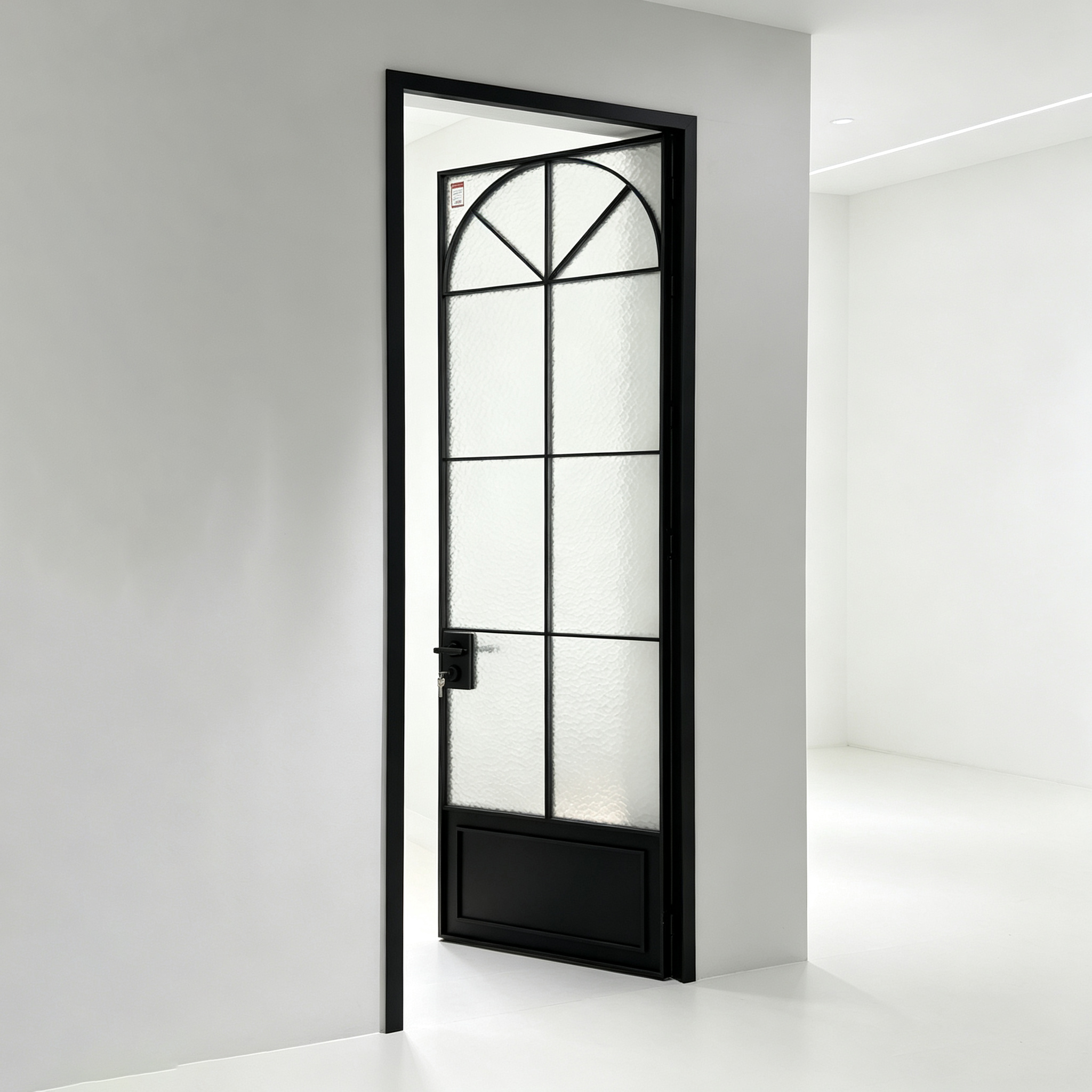 Puerta abatible de aluminio de una sola hoja vista desde el frente