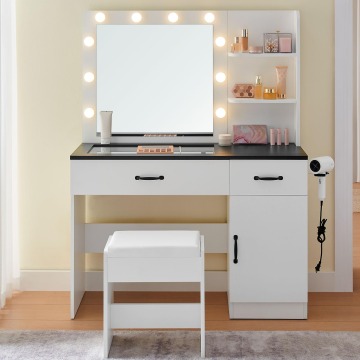 Custom Nordic White High Gloss Vanity Desk with Mirror and Stool
