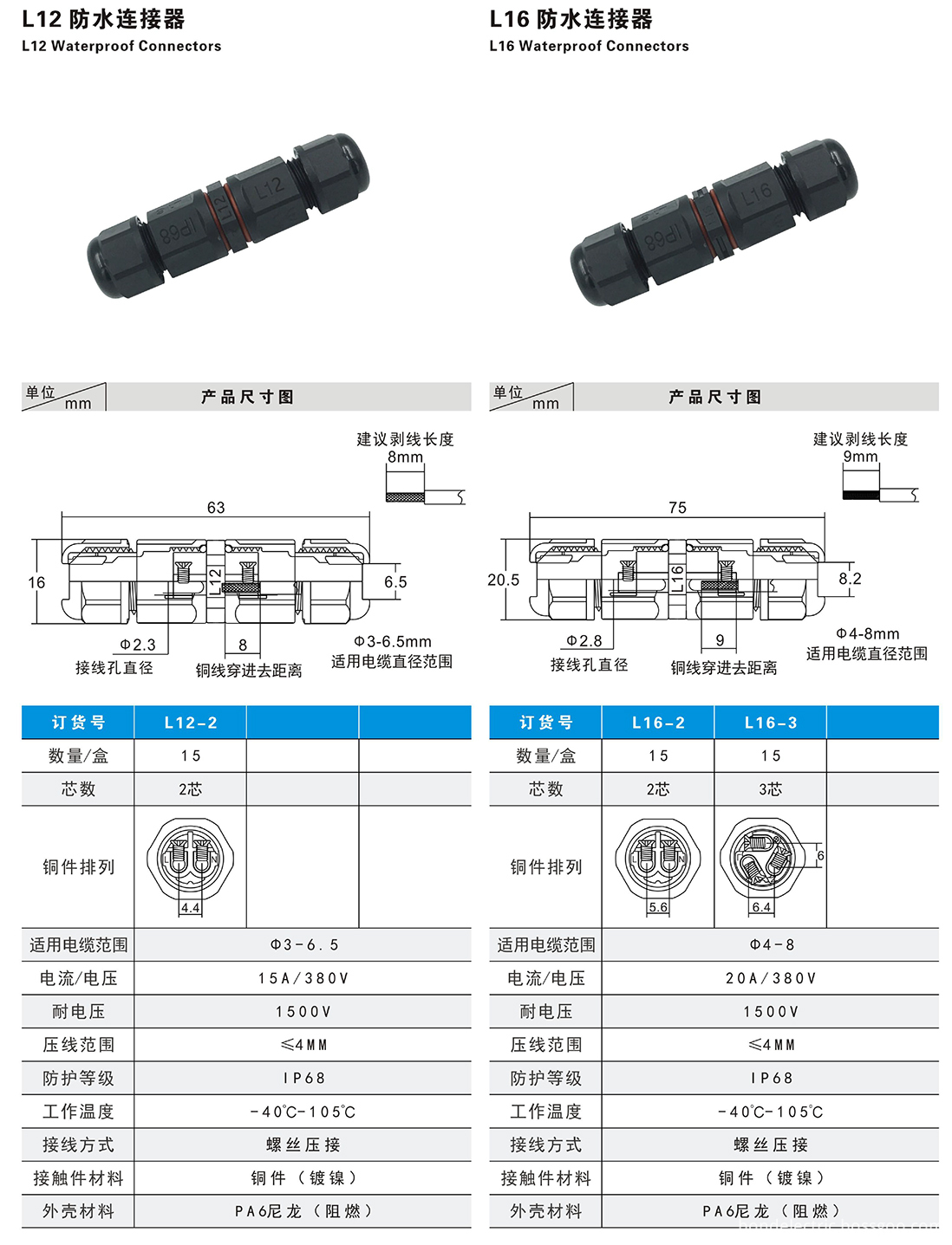 Parameters for L12-L16 2PIN 3PIN Waterproof Connector
