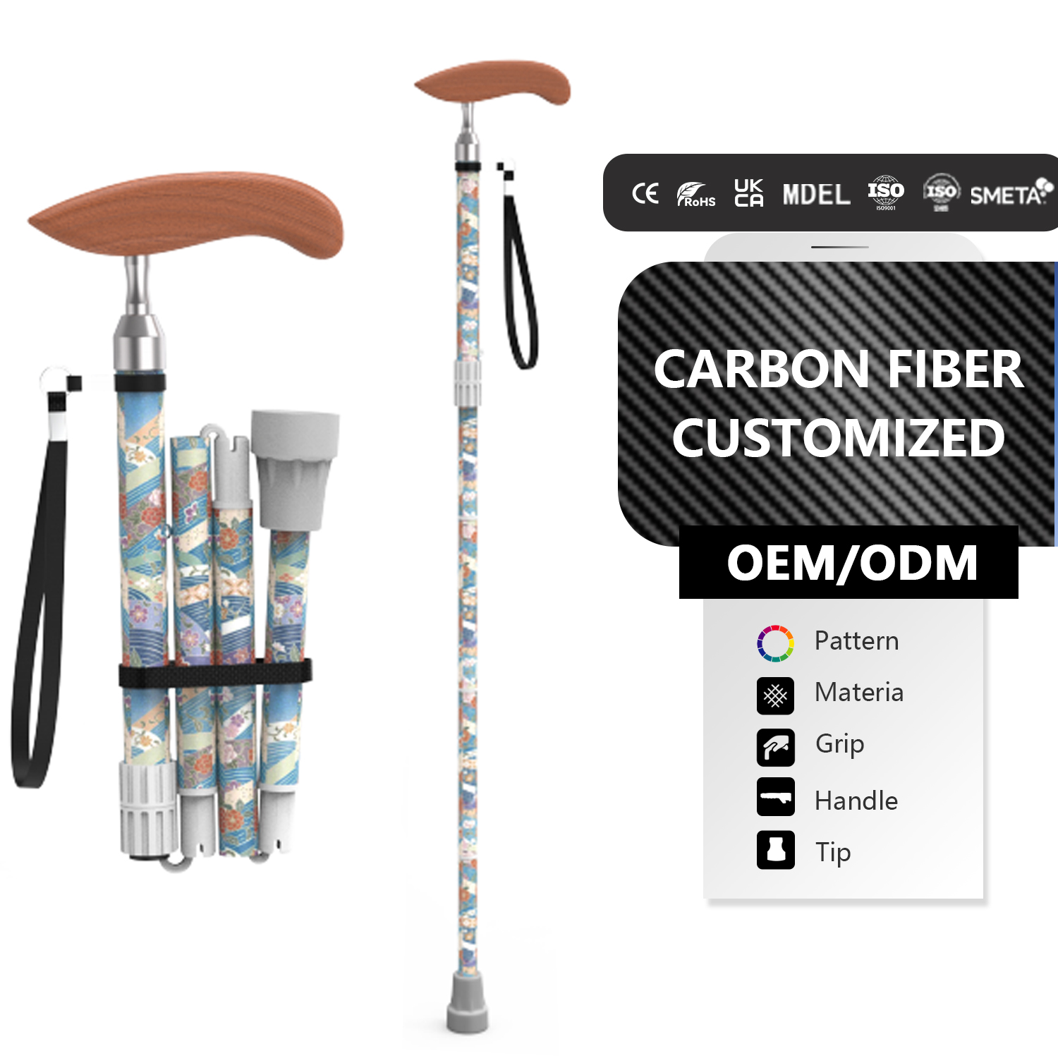 Women Men Seniors Medical Ergonomic Handle Balanced Adjustable Extendable Mobility Aid Lightweight Black Foldable Walking Stick1