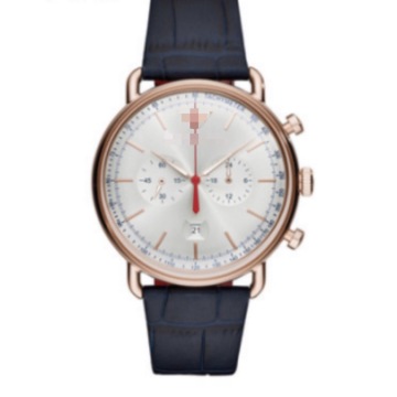 Reloj de hombre con cronógrafo de aviador de acero inoxidable PVD de oro rosa de 43mm, esfera plateada con rayos de sol, escala taquimétrica, cuero en relieve de cocodrilo azul marino