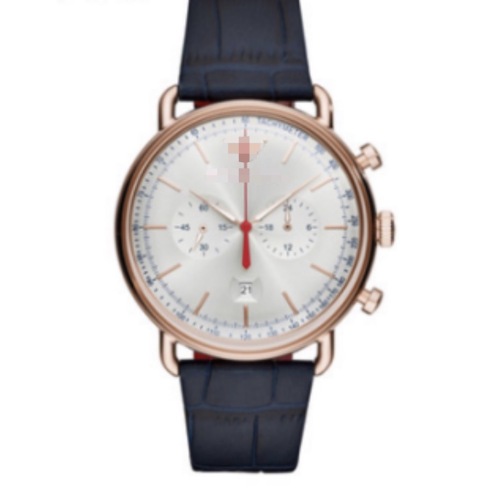 Reloj de hombre con cronógrafo de aviador de acero inoxidable PVD de oro rosa de 43mm, esfera plateada con rayos de sol, escala taquimétrica, cuero en relieve de cocodrilo azul marino