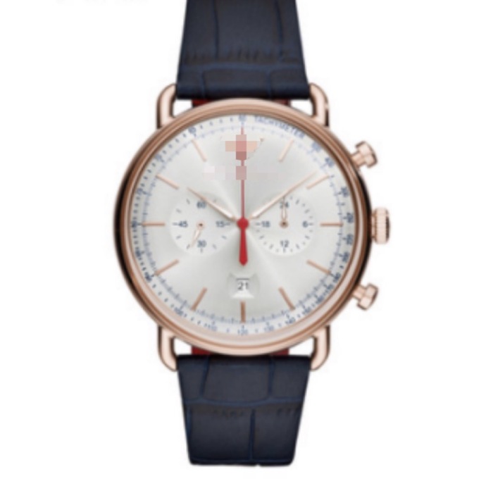 Reloj de hombre con cronógrafo de aviador de acero inoxidable PVD de oro rosa de 43mm, esfera plateada con rayos de sol, escala taquimétrica, cuero en relieve de cocodrilo azul marino