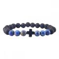 Gemstone 8mm Black Lava Stone With Hematite Cross Stretch Bracelet Natural Stone Round Beads Handmade Charm Bracelet for Women