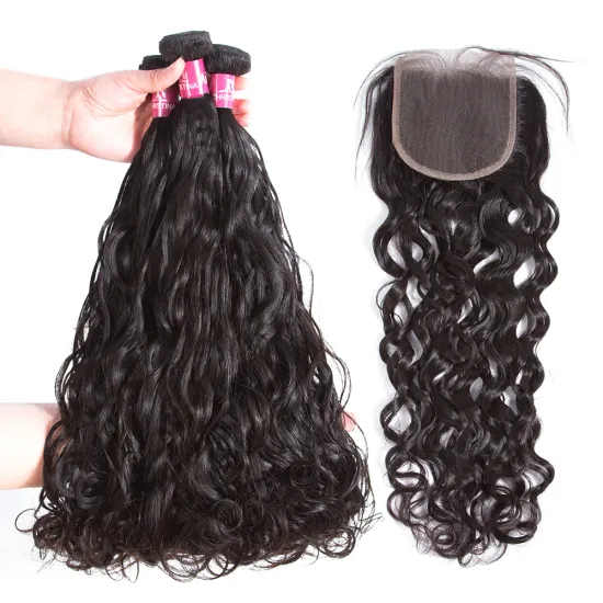 Royce Wholesale Cuticle Aligned Hair 100% Indian Raw Human Hair Bundles with Closure Wet and Wavy Water wave