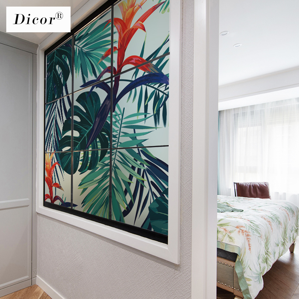 DICOR INS Style Popular Window Decorative Film Leaves Flowers Rainforest Glass Sticker Green PVC Frosted Privacy Films Decal New