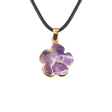 Amethyst 20MM Flower Wrapped Golden Stone Pendant Necklace 45cm Black Cord