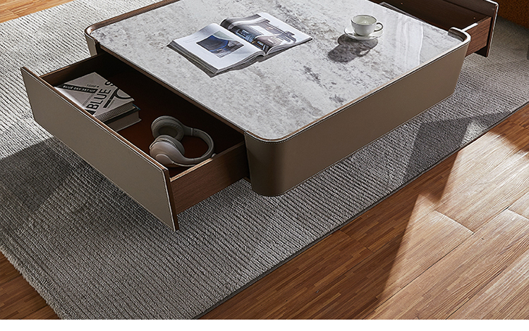 100cm Square Designer Furniture Ruang Tamu dengan Laci Marmer Top Kualitas Tinggi Saddle Leather Coffee Table