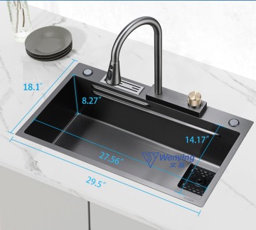 Popular Trending Nano Black Luxury Stainless Steel Handmade Kitchen Sink with Waterfall Pull Out Tap