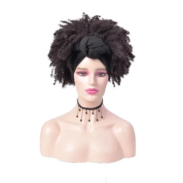 Wholesale Ombre Black Fluffy Turban Afro Short Kinky Curly Headband wig Synthetic Wigs With Headband Attached For Black Women