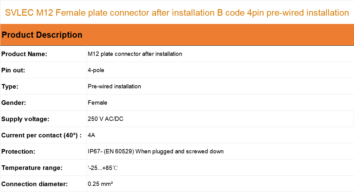 M12 Female connector 4pin pre-wired installation cable