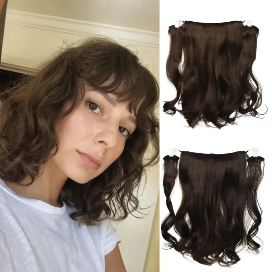 Cheap Silky 18Inch Black Brown Women Short Wavy 9 Clip Piece Invisible Wire Three Hairpieces Fish Line Synthetic Hair Extensions