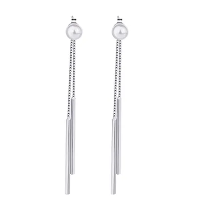 Metallic Pearl Long Straight Tassel Earrings