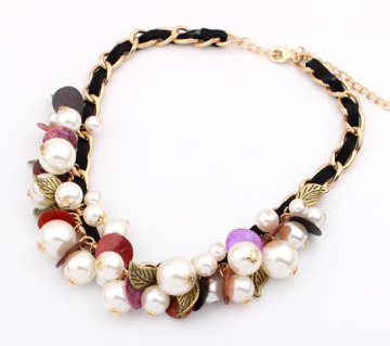 Bohemian style summer white Pearl shell beads vintage metal leave pendants braided cord Necklace fashion handmade woman necklace