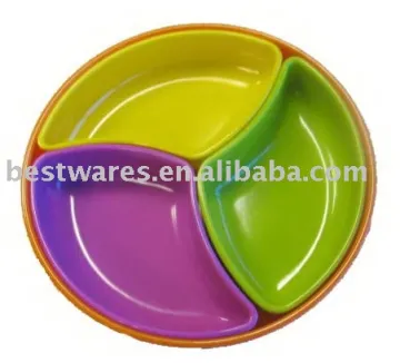 Colorful round melamine 3 division food candy plate dinnerware