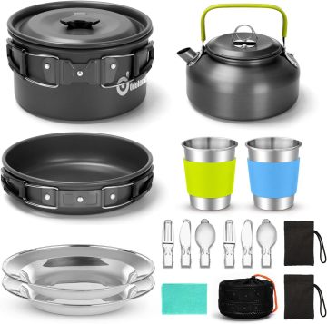 15 pezzi Kit di pasticcio di pentole da campeggio: bollitore per vaso antiaderente con utensili in acciaio inossidabile