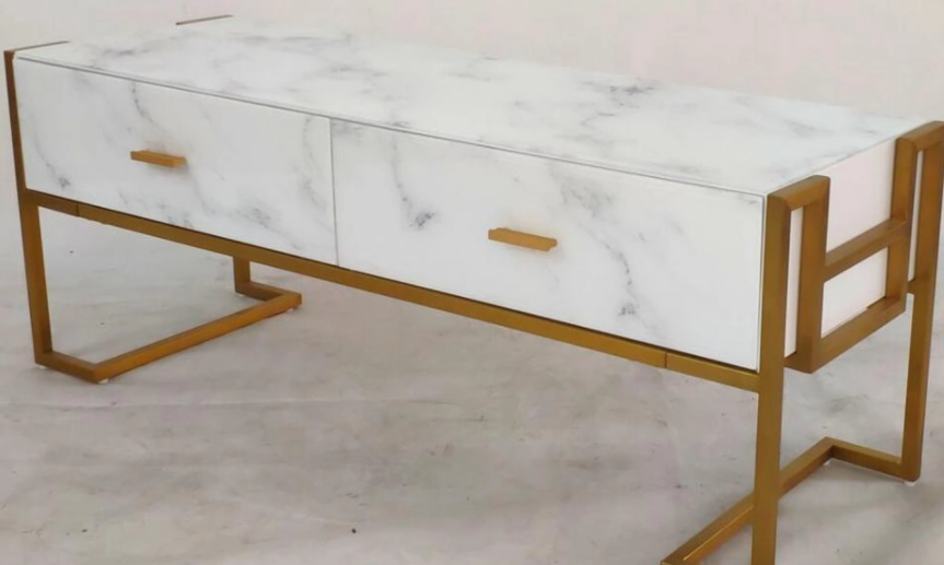 Glass TV cabinet with marble pattern