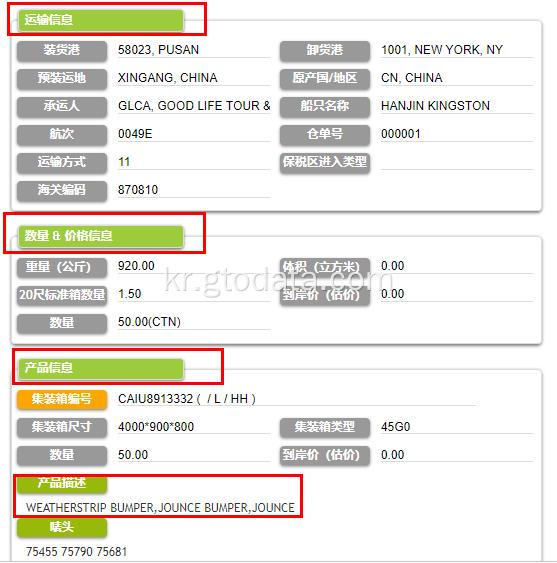 범퍼의 USA 수입 데이터 샘플