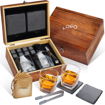 Brown Wooden Boxed Whiskey Gift Set: Chilling Stones, Ice Cubes, and Glasses for Online Retail