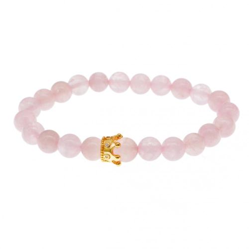 Handmade Rose Quartz Gold Crown Bracelet With 8mm Round Beads Women