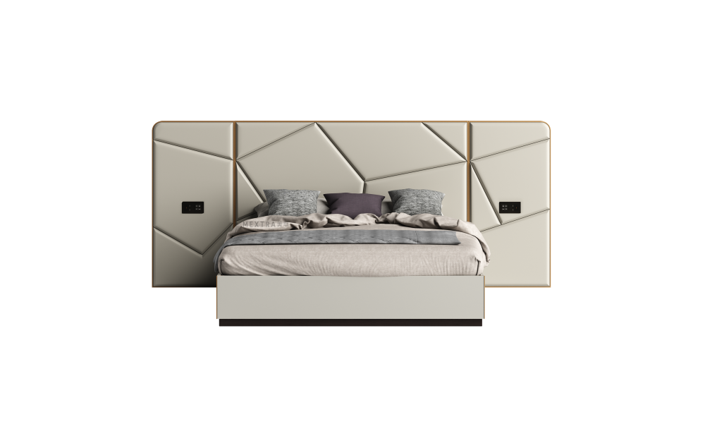 Contemporary Wooden Bed with Grey Microfiber Upholstery