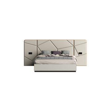 Cama de madera contemporánea con tapicería de microfibra gris