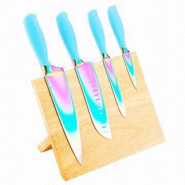Titanium Coating Kitchen Knives Set with Wood Block, Customized Sizes and Colors are Accepted