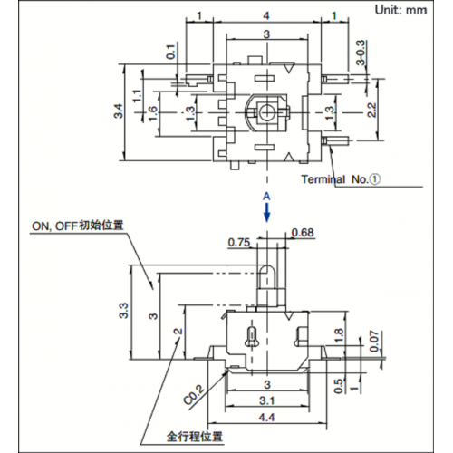 Sakelar Aksi Satu Arah dengan Tinggi Slide Bar 3.3mm