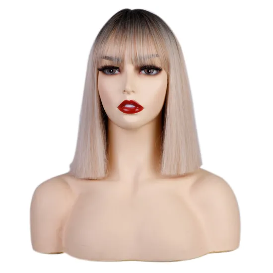 Ombre Highlight blonde Bob Cut Wigs with Bangs for Women 12inch Straight Short Hair Synthetic Heat Resistant colorful Natural