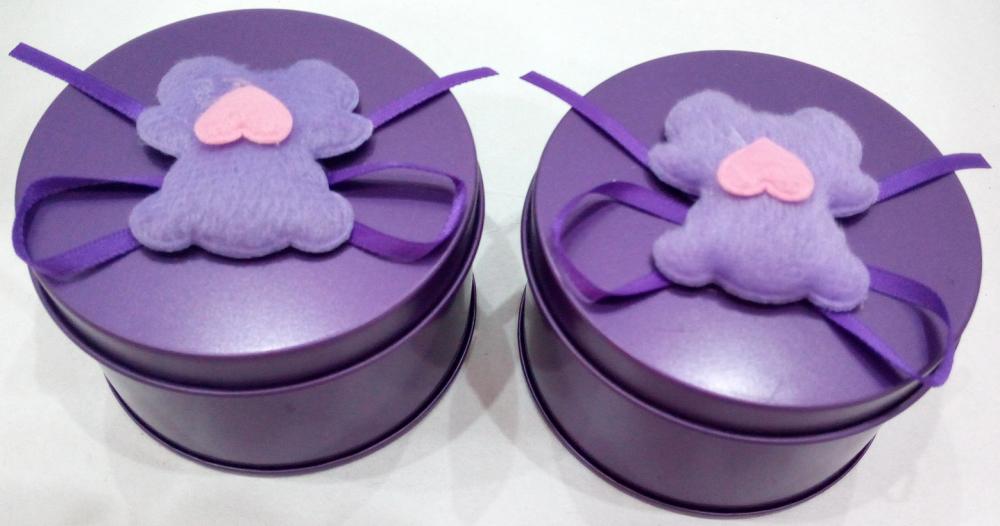 Purple Round Tin with Bear decoration