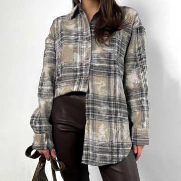 Wiosna jesień 2024 Kobiety oversize vintage bluzki Gingham