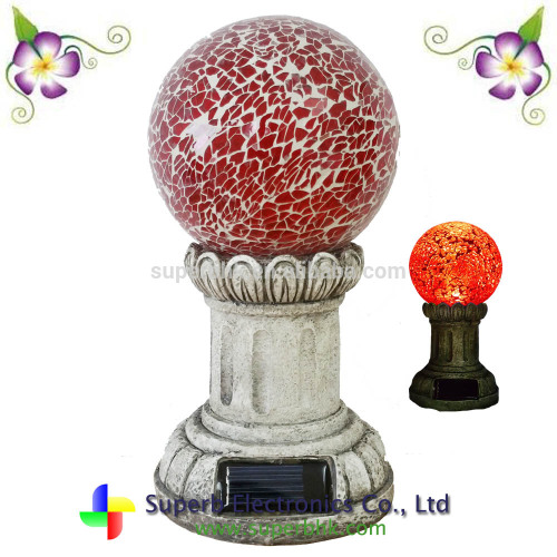 Roman Column Crackle Red Glass Ball Solar LED Light For Outdoor Ornament