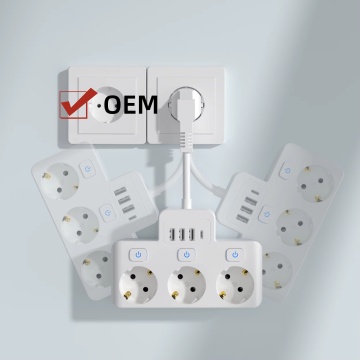 Jalur kuasa EU 3-outlet RTS dengan suis individu, USB, dan 4 port lanjutan