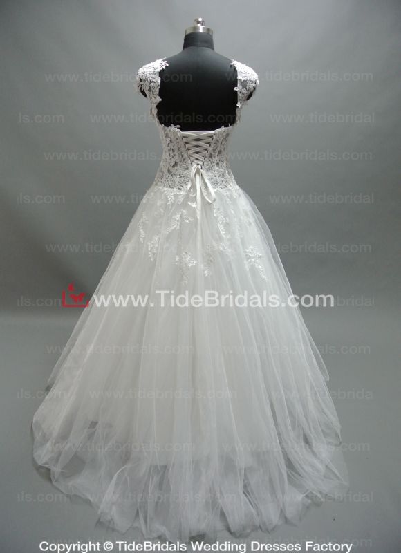 V-Neck Straps Lace Tulle Brides Evening Gown Bridal Wedding Dress (LT2154)