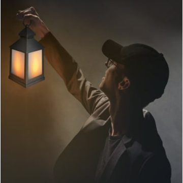 LED lantern with flickering flame optics, flexible hanging