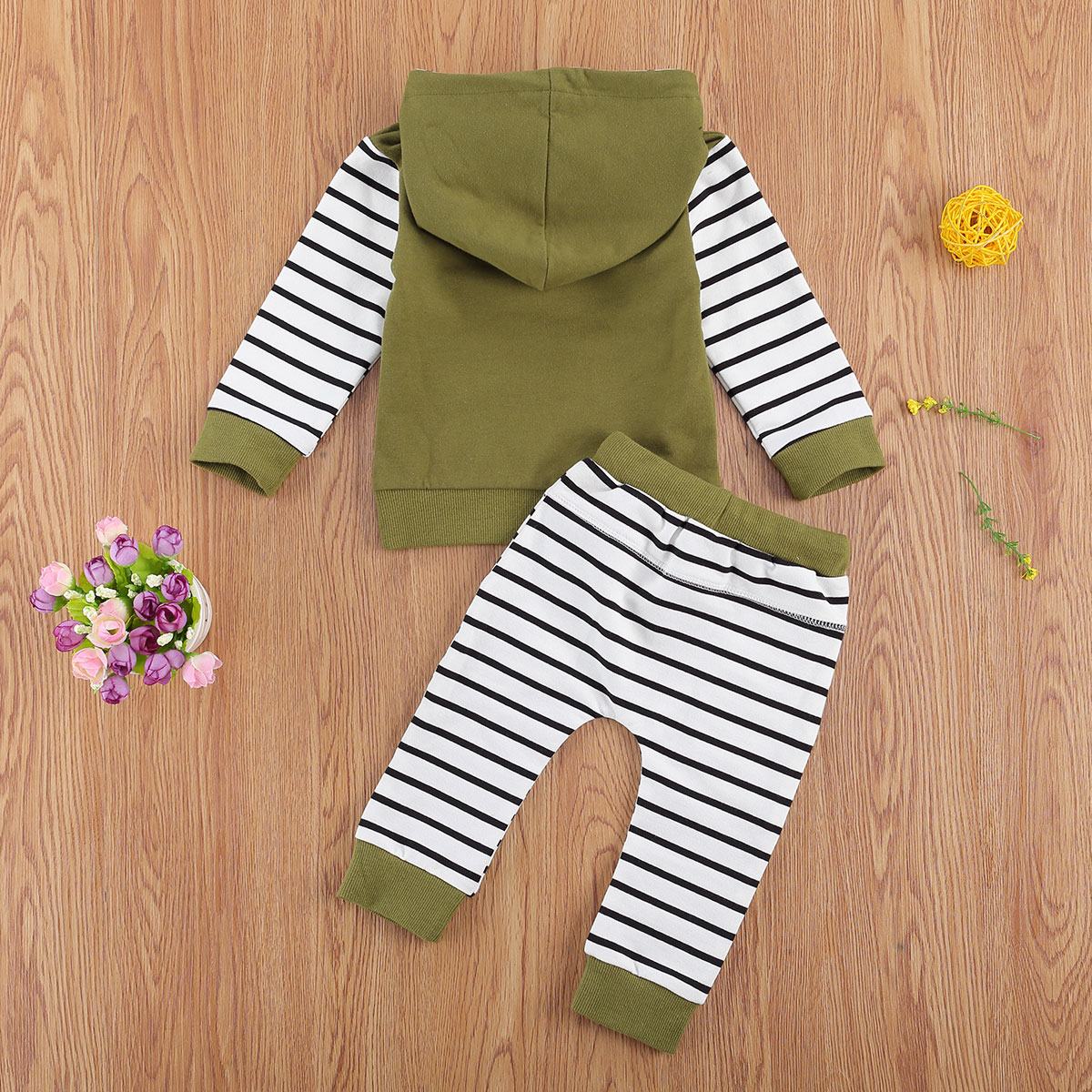 Infant Newborn Baby Boy Hooded Top, Jogger Pants Suit, Striped Print V-Neck Long Sleeve Front Pocket Hoodie Lace-up Trousers