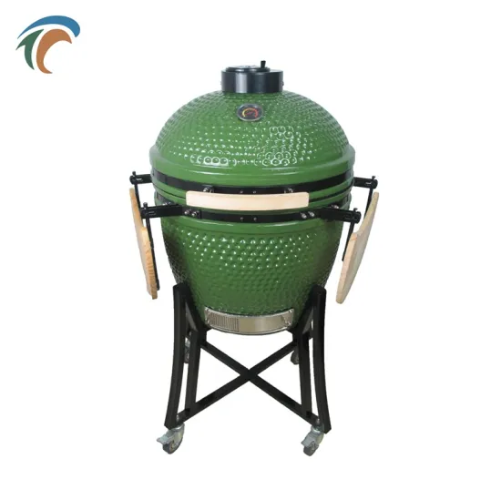 green charcoal egg bbq  ceramic kamado grill with table