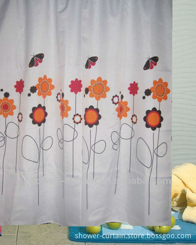 polyester fabric orange color flower printed shower curtain