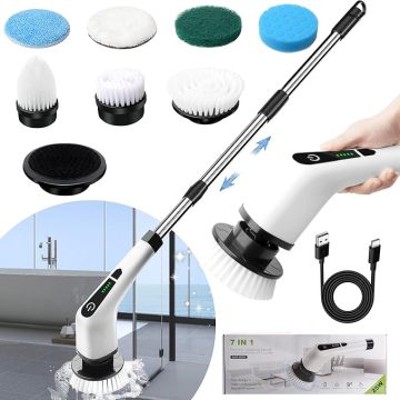 Cordless Cleaning Brush with Adjustable Arm and 7 Replaceable Heads for Kitchen and Floor