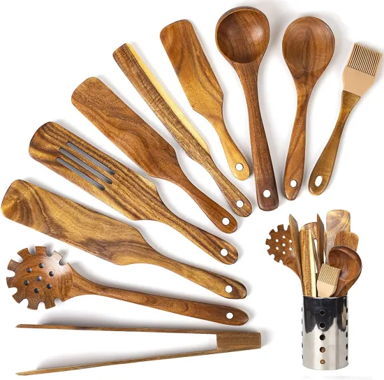 Smartpan 11-Piece Set: Nature Teak Wooden Utensils for Nonstick Cooking Turners