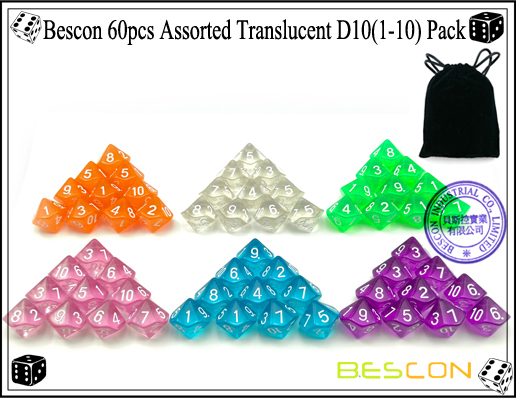 Lot De 60 Dés à 10 Faces Sharplace – D10 Translucides Multicolores Pour RPG Et Jeux De Société