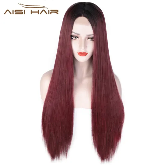 Aisi Hair Long Ombre Red Dark Root Wig Silky Straight Lace Frontal Wig Middle Part Synthetic Front Lace Hair Wigs For Women