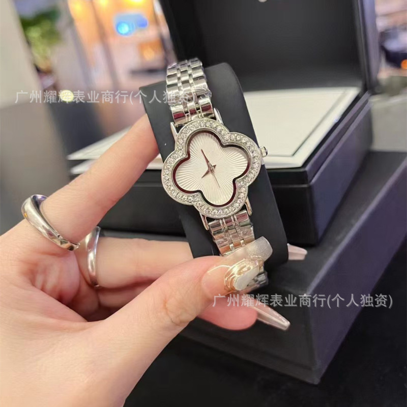 Simple Four Leaf Clover Diamond Ring Watch for Women