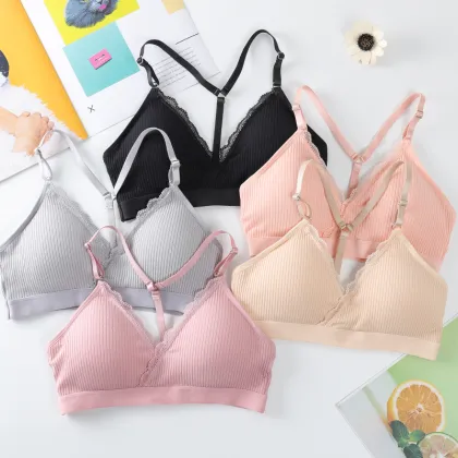 Cotton Flexible Bra French Style Triangle Cup Deep V Lace Bra for Women