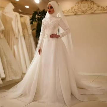 Modest High Neck Muslim Wedding Dresses with Long Sleeves: Satin Lace Arabic Wedding Gowns & White Long Evening Dresses