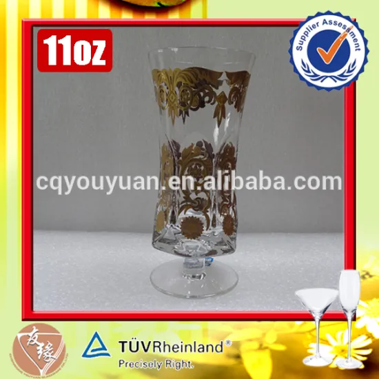 Antique glass cup 11oz gold decaled stemmed handblown glass drinkware